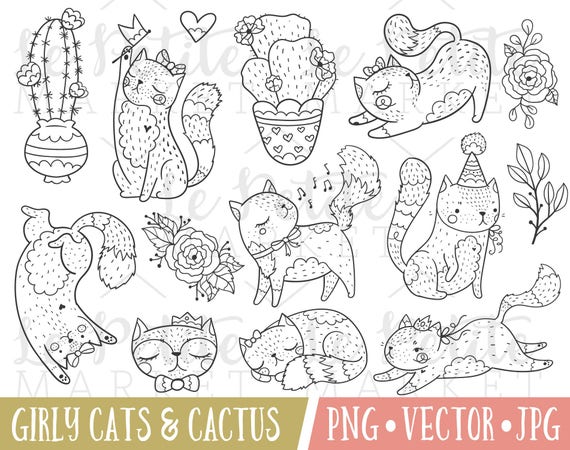 Girly Cute Cat Clipart Images, Cactus Clipart, Hand Drawn Cat Clipart, Cat Illustrations, Cactus Illustration, Cat Digital Stamps