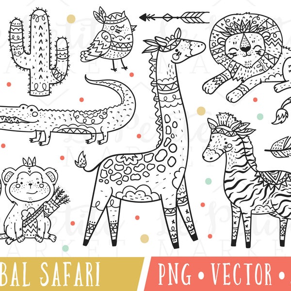 Tribal Safari Animals Clipart Images, Tribal Animals Clipart Set, African Animals Clipart, Cute Tribal Illustration Set, Nursery Animals PNG