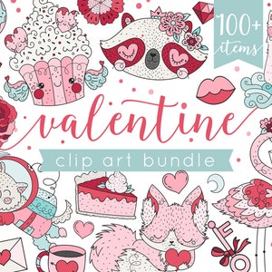 Valentine Clip Art Bilder, Kawaii Valentine Clipart Digitale Illustrationen, Instant Download Valentine Lehrer, Cupcakes, Valentine Tiere