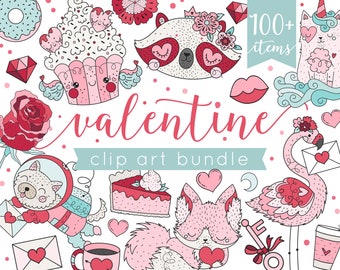 Valentine Clip Art Images, Kawaii Valentine Clipart Digital Illustrations, Instant Download Valentine Teacher, Cupcakes, Valentine Animals