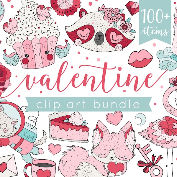 Valentine Clip Art Images, Kawaii Valentine Clipart Digital Illustrations, Instant Download Valentine Teacher, Cupcakes, Valentine Animals