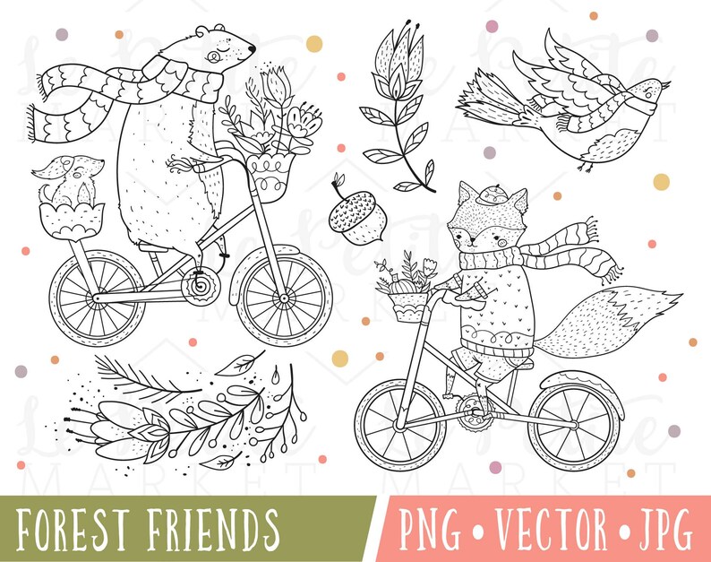 Forest Friends Clipart, Woodland Bear Riding a Bicycle Clipart, Woodland Fox Riding a Bicycle Illustration, Cute Fox Digital Stamp, Clip Art image 1