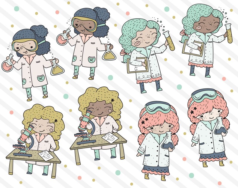 May include: Illustration of eight girls dressed as scientists. They are wearing lab coats, goggles, and holding beakers, flasks, and microscopes. The girls have different hair colors and skin tones. The background is a white and gold striped pattern with colorful dots.