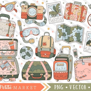 Conjunto de imágenes prediseñadas de viaje, imágenes de imágenes de imágenes de imágenes de dibujos animados de viaje, imágenes prediseñadas de vacaciones lindas, imágenes prediseñadas de roadtrip, digistamps de la cámara de la mochila del traje, dibujado a mano