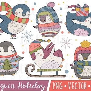 Winer Pinguine Clipart Set, Weihnachten Pinguine, süße Weihnachtscliparts, Urlaub Tiere Clipart, ClipArt niedlichen Pinguin, von Hand gezeichnete Clipart