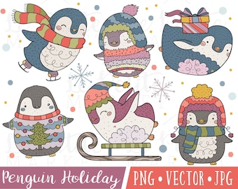 Winer Penguins Clipart Set, Christmas Penguins, Cute Christmas Clipart, Holiday Animals Clipart, Cute Penguin Clip Art, Hand Drawn Clipart
