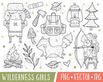 Cute Wilderness Girls Clipart, Camping Girl Clipart Images, Outdoorsy Girls Clipart, Cute Woodland Girls Clip Art, Vector, Commercial Use