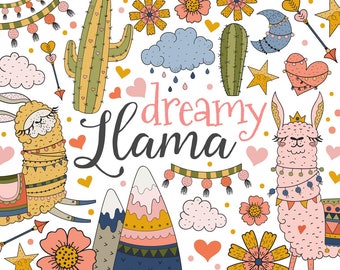 May include: A whimsical illustration featuring two llamas, one pink and one yellow, with colorful details. The llamas are surrounded by cacti, flowers, clouds, stars, and hearts. The text "dreamy llama" is written in a stylized font.