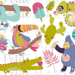 May include: A set of colorful cartoon jungle animal illustrations, including a toucan, a sloth, a chameleon, a gorilla, a crocodile, a cactus, and a tropical leaf. The illustrations are perfect for use in children's books, crafts, or other creative projects.