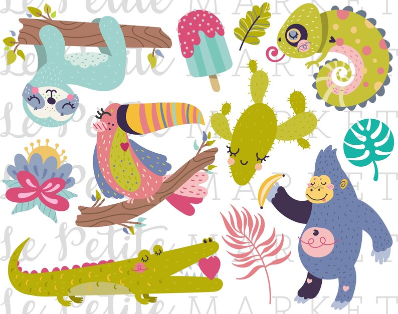 May include: A set of colorful cartoon jungle animal illustrations, including a toucan, a sloth, a chameleon, a gorilla, a crocodile, a cactus, and a tropical leaf. The illustrations are perfect for use in children's books, crafts, or other creative projects.