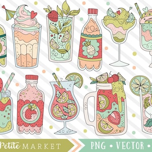 Summer Drinks Clipart Images, Drink Clip Art Illustrations, Health Food, Milkshake Clipart, Mixed Drinks, Martini Clipart, Lemonade Designs