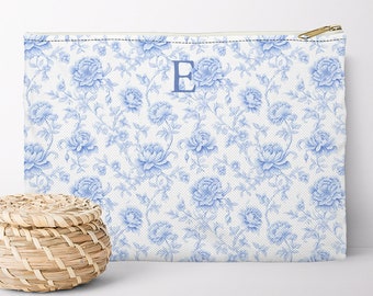 Personalized Zipper Pouch Floral Bag for Bridesmaid Custom Gift Idea Bridal Party Accessory Pouch Blue Floral Travel Pouch Monogram Bag