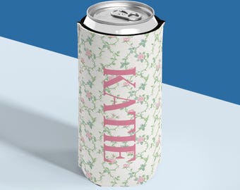 Personalized Pink Floral Can Cooler Custom Name Slim Can Holder Bachelorette Party Favor Bridesmaid Gift Girls Trip Favor Pink Gift for Her