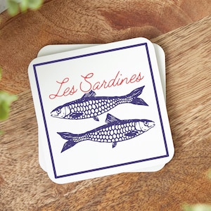 Sardine Coaster Set: Nautical French Fish Coasters, Beach House Decor