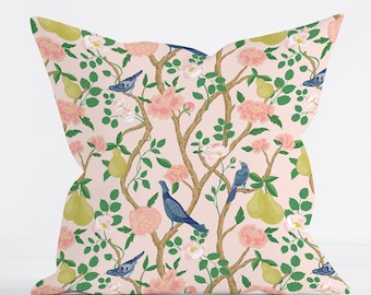 Pink Chinoiserie Pillow Bird Floral Throw Pillow Grandmillennial Decor Pink White Pillow Cover Feminine Bedroom Cottage Style Preppy Home