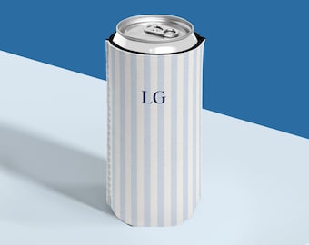 May include: A white and blue striped can cooler with the initials "LG" printed in navy blue.