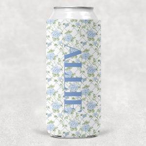 Preppy Can Cooler Personalized Slim Can Cooler Blue Bridesmaid Gift Bachelorette Favor Hydrangea Can Holder Floral Drinkware Blue Drinkware