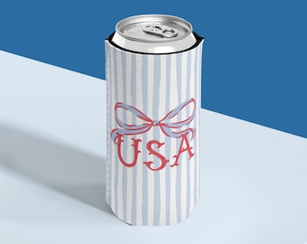 Patriotic Slim Can Cooler USA Party Favor Coquette America Drinkware for Patriotic Party Gift Preppy Drink Holder Red White Blue Can Sleeve