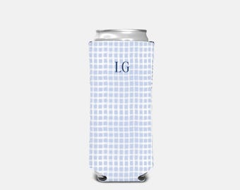 Personalized Blue Slim Can Cooler Custom Blue and White Cozie Blue Checked Drinkware with Monogram Preppy Bachelorette Gift Wedding Favor