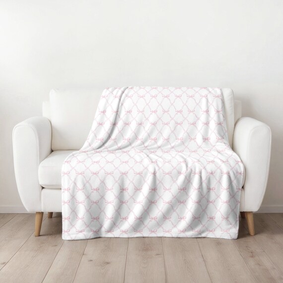 Pink Bow Throw Blanket Coquette Blanket for Girl Preppy Nursery Decor Girly Bedroom Throw