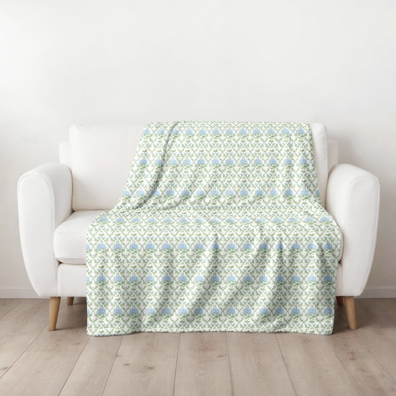 Preppy Dorm Blanket Blue and Green Hydrangea Throw Blanket College Dorm Bedding Sorority Room Throw Floral Dorm Décor