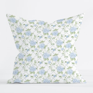 Hydrangea Throw Pillow Blue Floral Pillow Grandmillennial Decor Dorm Throw Pillow Blue and Green Pillows Hydrangea Print Decor Shabby Chic