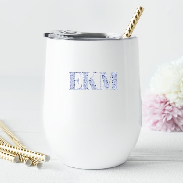 Monogram Wine Tumbler Chinoiserie Initials Tumbler Monogrammed Blue White Drinkware Monogrammed Gift Idea Bachelorette Gift Preppy Tumbler