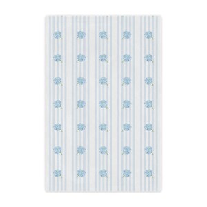 May include: A white background with blue stripes and a repeating pattern of blue hydrangea flowers.