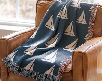 Sailboat Throw Blanket: Nautical Woven Cotton Coastal Decor
