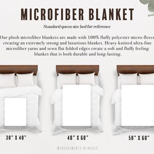 May include: Three microfiber blankets of different sizes are shown on beds. The blankets are white and the beds are white with brown wooden headboards. The sizes of the blankets are 30" x 40", 40" x 60", and 50" x 60".