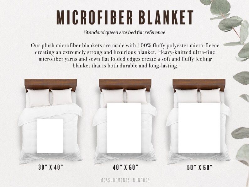 May include: Three microfiber blankets of different sizes are shown on beds. The blankets are white and the beds are white with brown wooden headboards. The sizes of the blankets are 30" x 40", 40" x 60", and 50" x 60".
