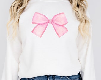 Pink Bow Sweatshirt Coquette Crewneck for Woman Preppy Sweater