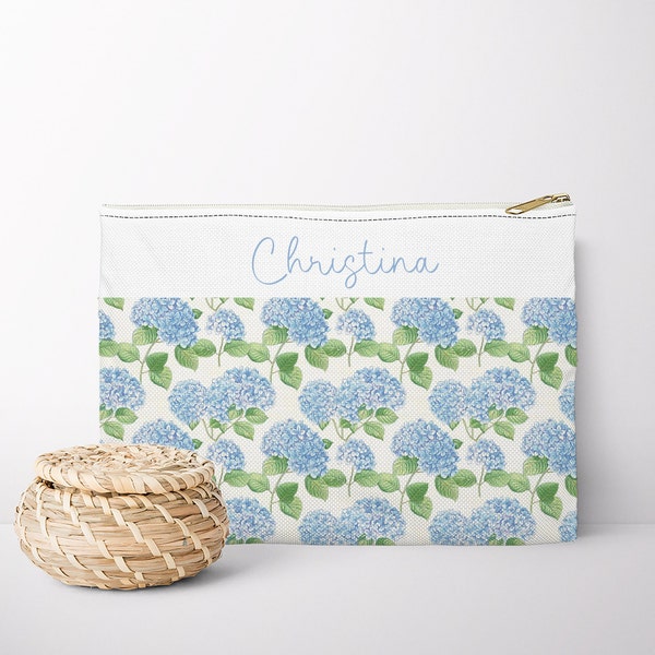 Personalized Zipper Pouch Hydrangea Pouch with Name Floral Zipper Pouch Personalized Bridesmaid Gift for Bridal Party Pouch Custom Pouch