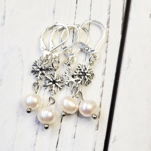 Snowflake and Pearl Dangle Earrings