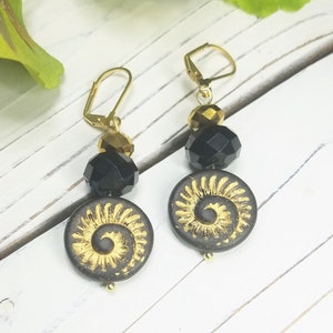 Black Glass and Gold Dangle Earrings