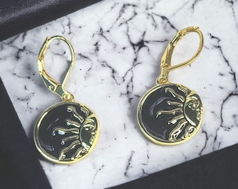 Solar Eclipse Black and Gold Earrings, leverback