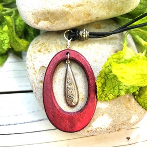 Wood and Etched Metal Teardrop Pendant on Leather Cord
