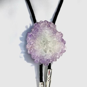 Amethyst Stalactite Slice Bolo Tie: Western Cowboy Rodeo Leather Tie
