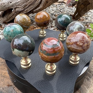 Ocean Jasper Gemstone Lamp Finial Finials, Brass Base - 30mm Sphere, Standard Lamp Harp Threads 1/4 27 UNF - Organic Home Decor - Decor Gift