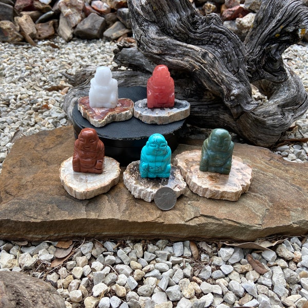 Handcarved Sitting Buddha Hotei Budai on Polished Petrified Wood Limb Cast Slice Base