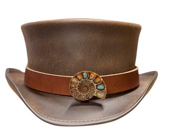 Cinta ajustable de cuero para sombrero con incrustaciones de turquesa y amonites, hecha a mano - Estilo Indiana Jones - Estilo bohemio occidental (NO incluye sombrero)
