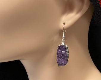 Amethyst Druzy Earrings: Silver Electroformed Crystal, Witchy Boho Jewelry