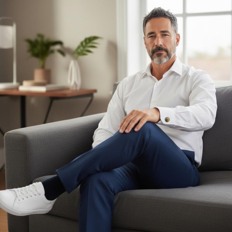 Pu&ograve; includere: Un uomo con una camicia bianca, pantaloni blu navy e scarpe da ginnastica bianche &egrave; seduto su un divano grigio. La camicia ha gemelli dorati. Lo sfondo include un tavolino, una pianta e una finestra.