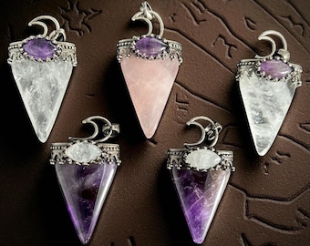 Collana con ciondolo a forma di luna in cristallo di quarzo: ametista, quarzo rosa