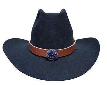 Cinta para sombrero ajustable de cuero con cristal de amatista y drusa, hecha a mano - Estilo Indiana Jones - Estilo bohemio occidental (NO incluye sombrero)
