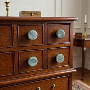 Natural Moss Agate Gemstone Knobs with Antique Brass Base – Crystal Cabinet Hardware – Nature-Inspired Home Decor