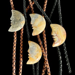 Crazy Lace Agate Crescent Moon Bolo Tie: Braided Leather Cowboy Lariat