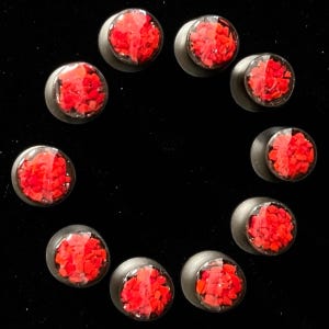 May include: Ten dark grey ear plugs, each featuring a clear, rounded top filled with bright red fragments. The plugs are arranged in a circle against a black backdrop, highlighting the jewellery's design and colour.