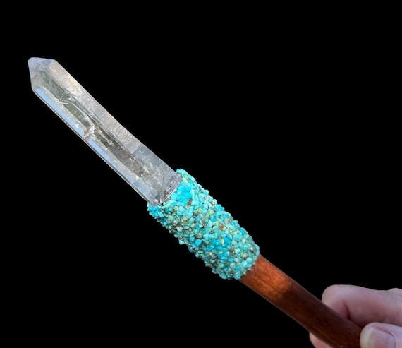 Lemurian Crystal Wand: Handcrafted Turquoise & Twisted Wood Altar Tool