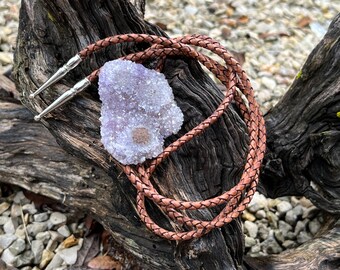 Amethyst Stalactite Flower Slice Leather Bolo Tie For Men Women, Cowboy Tie, Lariat, Wedding, Rodeo, Western Dance, Gift - YEM BT91